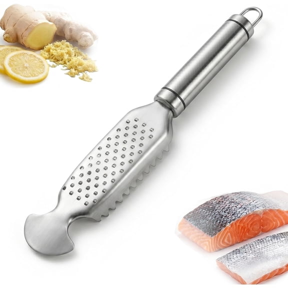 2026 NEW 2-in-1 Stainless Steel Fish Scaler and Ginger Grater, Mess-Free Seafood Descaler Tool with Hanging Handle, Heavy-Duty Rustproof Metal for Easy Kitchen Prep & Cleaning (1Pc)