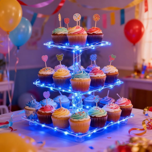 2026 NEW 3 Tier Cupcake Stand Acrylic Tower Display with LED Light Holder Dessert Tree Tower for Birthday Cady Bar Decor Weddings, Parties Events, Party Cake Display and Decoration (Blue)