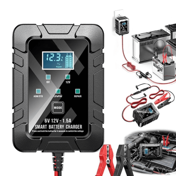 2026 NEW 6v 12v Automatic Intelligent Recognition Battery Charger, All-Weather Smart Pulse Desulfator for Car Motorcycle Marine, Trickle Charger with LED Display, Winter & Summer Mode