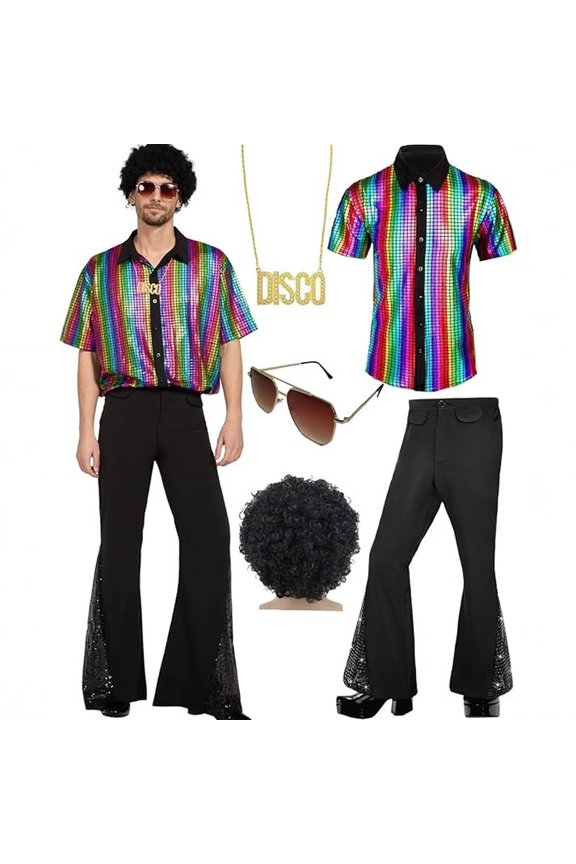 2026 NEW 70s Disco Outfits for Men,Funny Fancy Dress Disco Costume Include Retro Shirt Bell Bottom Pants Wig Sunglasses Necklace Wig Cap for Disco Party 5PCS