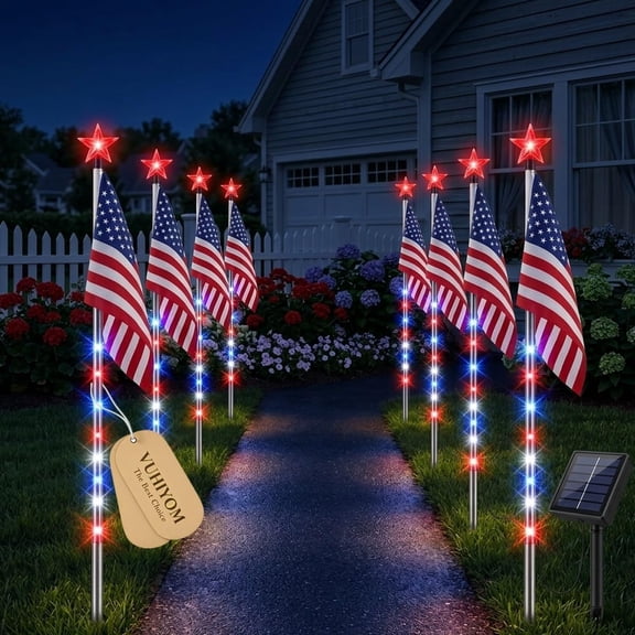 2026 NEW 8 Piece Solar US Flag Light Set, American Flags Pole Pathway Lights, Create a Spirited Ambiance for Parades, Parties, and Patriotic Anniversaries