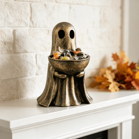 2026 NEW Antique Gold Standing Ghost With Removable Bowl, Halloween Ghost Figurine, Distressed Antique Gold Finish for Table Mantel Home Decor 1PCS
