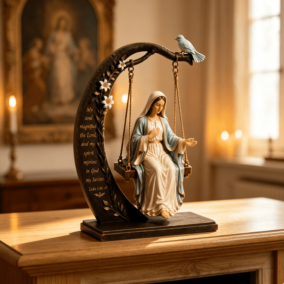 2026 NEW Blessed Mary Cradle Swing Ornament, Virgin Statue with Dove & Crescent Arch, Catholic Religious Decor for Home Bookshelf Table, Holy Prayer Sculpture & Bible Verse Faith Gift