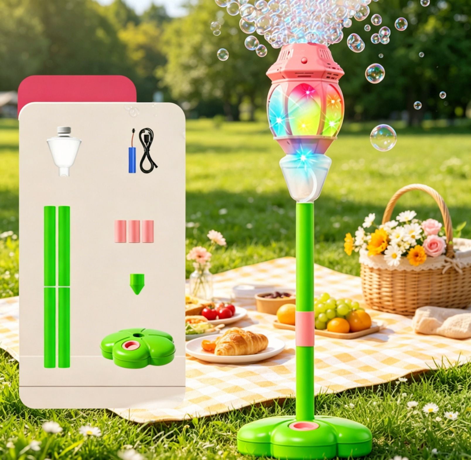 2026 NEW Bubble Machine Stand&nbsp;- 2025 Upgraded Automatic Bubble Blower with LED Lights, Rechargeable Standing Maker for Weddings and Gatherings Bubble Machine Pink A19