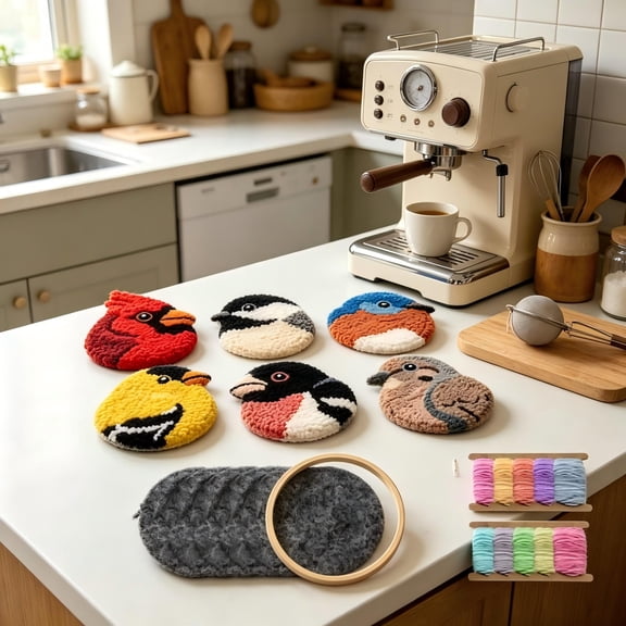 2026 NEW DIY Bird Coasters Punch Needle Kit, Starter Set for Beginners with 6 Pre-Printed Bird Designs, Yarn, Hoop & Needle, DIY Home Decor Craft for Coffee Table