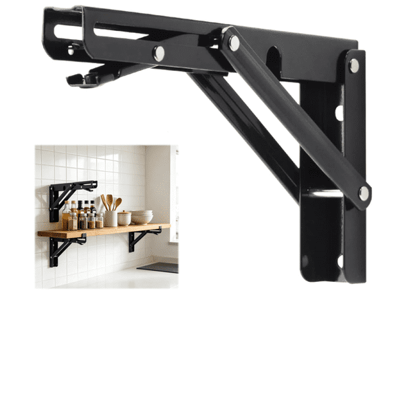 2026 NEW Folding Shelf Brackets, 8 Inch Heavy Duty Collapsible Support Bracket, Space Saving Black L Hinge for Garage Workbench