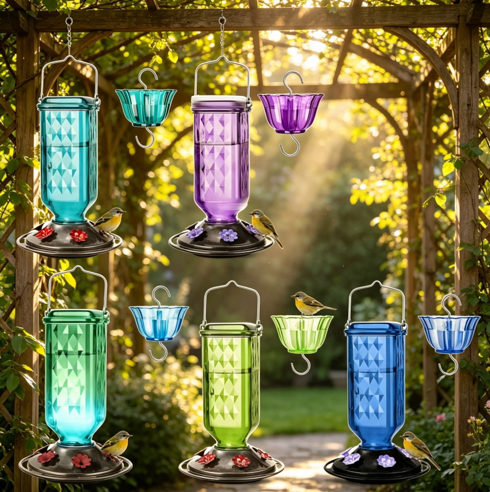 2026 NEW Glass Hummingbird Feeder for Outdoor Hanging, 24 Ounces, 6 Feeding Ports, Bird Nectar Feeder for Garden Décor, Ant Moat Included Turquoise B
