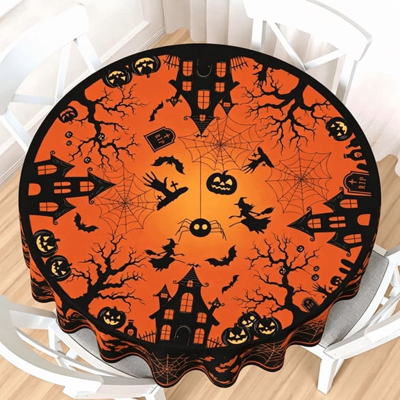 2026 NEW Halloween Round Fitted Tablecloth with Elastic, Waterproof Reusable Spooky Black Orange Pumpkin Skull Bats Table Cover for 44-48 Inch Stretch Table