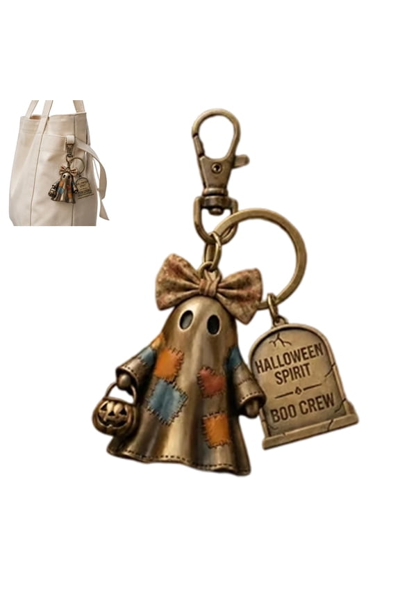 2026 NEW Halloween Spirit Boo Crew Ghost Keychain, Vintage Patchwork Pendant with Mini Pumpkin Bucket, Spooky Bag Charm