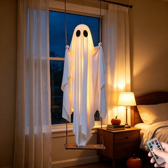 2026 NEW Hanging Swinging Ghost, 5.9Ft Hanging Swing Ghost Halloween Decor with String Lights, Swinging Ghosts in A Tree with Remote Control, Windproof, Waterproof, Uv- Outdoor Decorations