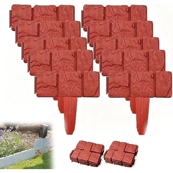 2026 NEW Imitation Stone Garden Fence,Faux Stone Garden Edging Border,Plastic Garden Retaining Edging Fence, Flexible Interlocking Landscape Edging, No Dig Decorative Lawn Border (Red,10PCS)