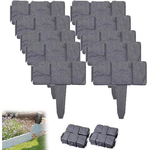 2026 NEW Imitation Stone Garden Fence,Faux Stone Garden Edging Border,Plastic Garden Retaining Edging Fence, Flexible Interlocking Landscape Edging, No Dig Decorative Lawn Border (Stone Grey,10PCS)