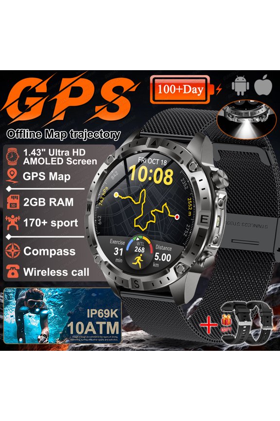 2026 NEW Outdoors Offline Map GPS Smart Watch L1+L2 Dual Band GPS Compass Cycling Run Swim 10ATM Military Smartwatchs