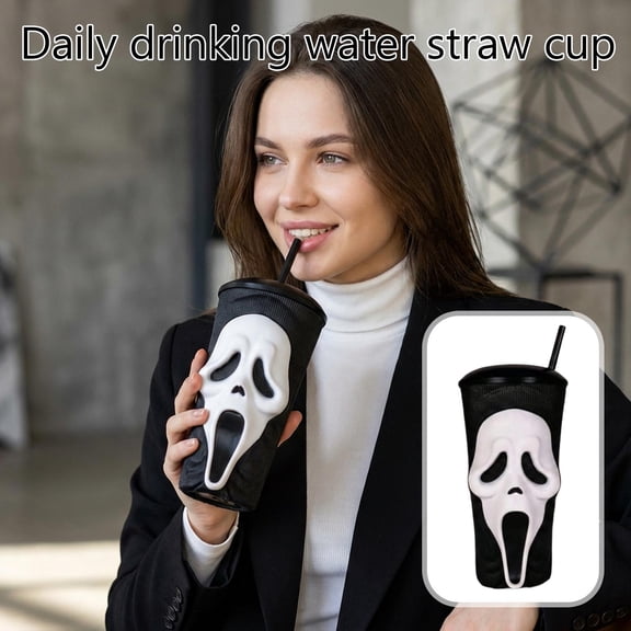 2026 Scream Ghost Face Tumbler Cup with 3D Character Lid and Straw, Reusable Plastic Drink Cup for Movie Nights Halloween Decorations Horror Theme Parties and Displays