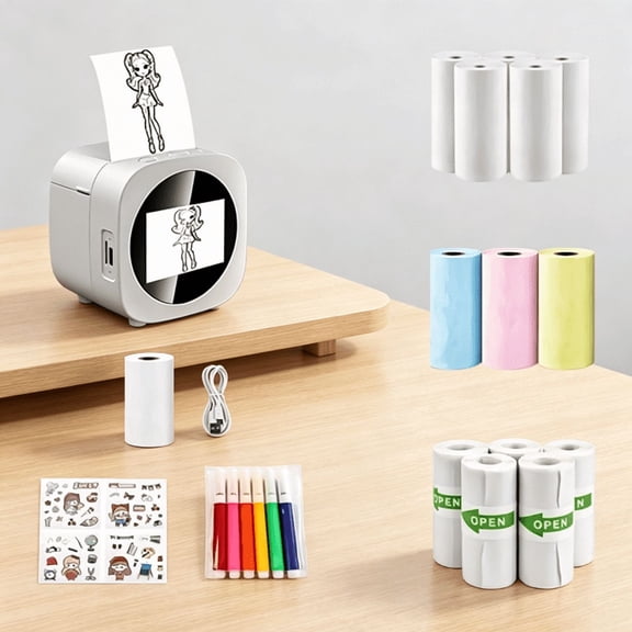 2026 NEW Smart AI Voice Sticker Printer Box, Compact Mini Thermal Label Printer with Clear Display, Inkless Wireless Sticker Maker for Home Office Study & DIY Projects, 8 Rolls Paper