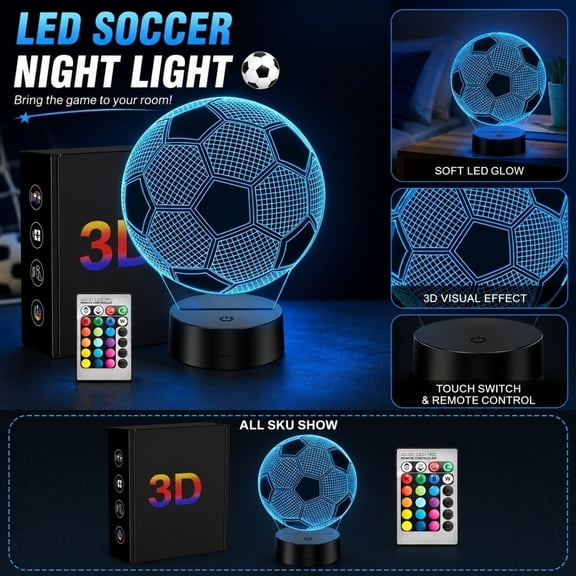 2026 NEW Soccer Gifts for Teens Boys Girls, Soccer Stuff 3D Illusion Lamp Night Light Boys Room Decor, 16 Colors Change Boys Sports Fan Birthday Holidays Halloween Gifts