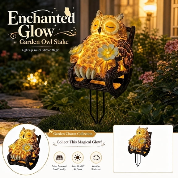2026 NEW Solar Owl Garden Stake Light, 7.87 Inch Resin Owl in Rocking Chair with Flower Accents, Auto On/Off LED Decor for Outdoor (Yellow)