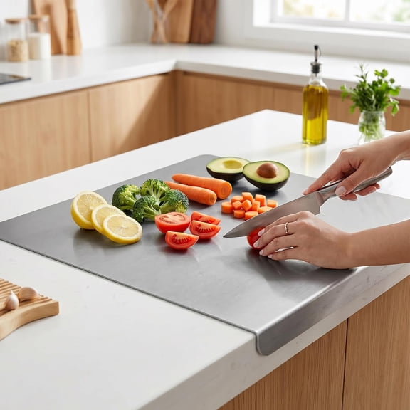 2026 NEW Stainless Steel Cutting Board With Lip, Non-Slip Dishwasher Safe, 90° L-Shaped Anti-Slip Counter Edge Chopping Board, for Kitchen Food Prep Meat Vegetables Baking