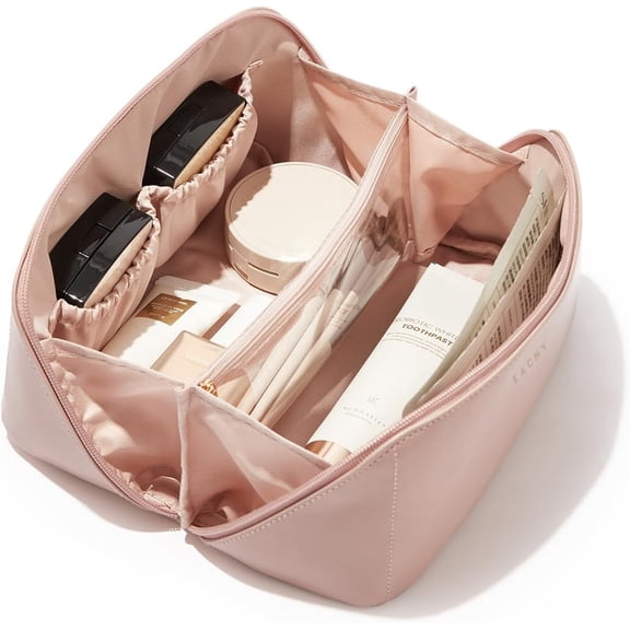2026 NEW Travel Makeup Bag, Large Capacity Cosmetic Bag for Women, Waterproof PU Leather, Flat Open Portable Toiletry Bag for Skincare, Brushes & Travel Essentials,Pink