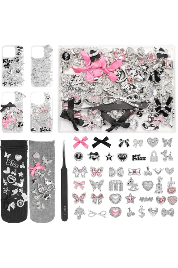 2026 New 100 Pcs Bling Flat Back Charms Kit, Silver & Pink Bow Heart Star Rhinestone Decor for Socks, Shoes, Phone Cases, Bracelets, Christmas Gifts for Girls