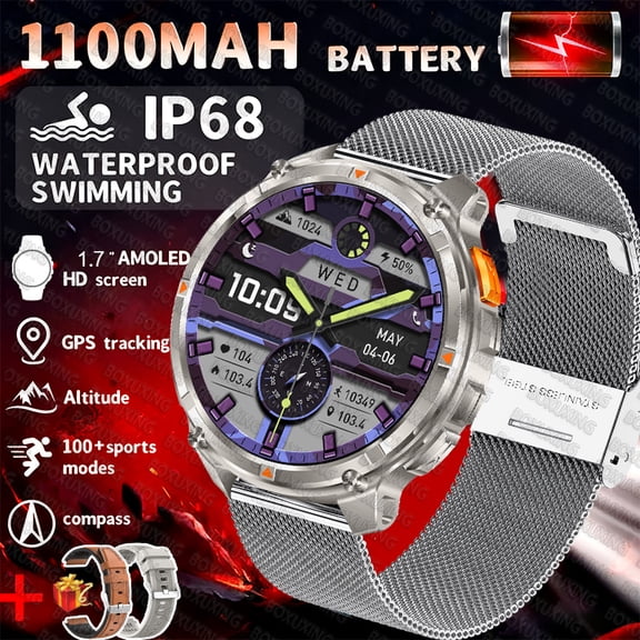2026 New 1100mAh Battery SmartWatch 10ATM Waterproof GPS Bluetooth call 1.7" AMOLED HD Sports Flashlight Smart Watch Men