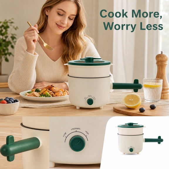 2026 New 110V Electric Cooker with Steamer Basket, 1.5L Multi-Functional Integrated Cooking Pot with 3 Heat Settings, Compact Non-Stick Instant Noodle Hot Pot for Dorm Small Kitchen