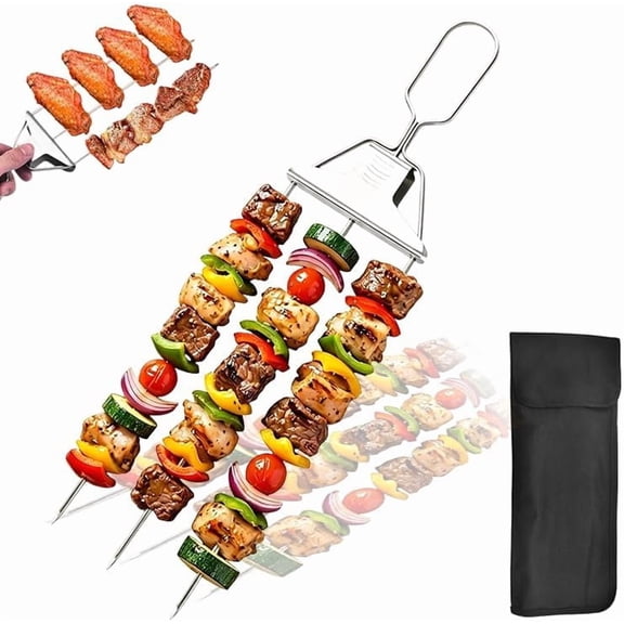 2026 New 14.7" 3-Prong BBQ Skewers Semi-Automatic Grilling Fork Stainless Steel Barbecue Skewers Sliding Meat Fork for Outdoor Grilling Camping Heavy Duty Reusable Tools (1 Fork-A8)