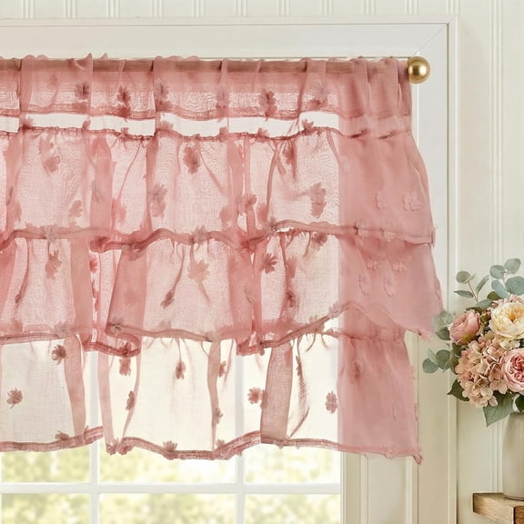 2026 New 18 Inch Ruffled Pom-Pom Voile Valance Curtain, Sheer Light Filtering Rod Pocket Single Panel, Shabby Chic Small Window Treatment for Kitchen Bedroom Laundry Room Pink Decor