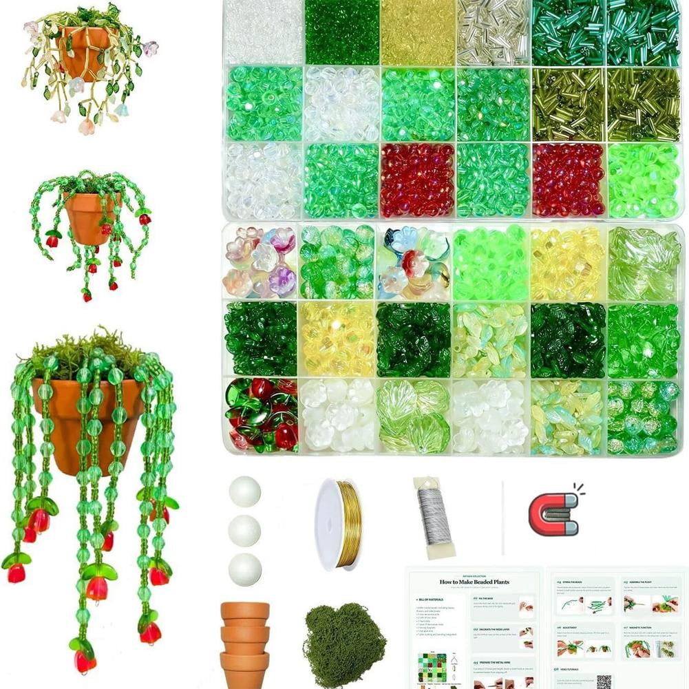 2026 New 19000 Pcs DIY Beaded Plant Kit, Green Glass Beadeds Plants Kit with Mini Ceramic Pots,Pliers,Leaves etc, Forever Plant Beaded Making Kits for Jewelry Making DIY Craft