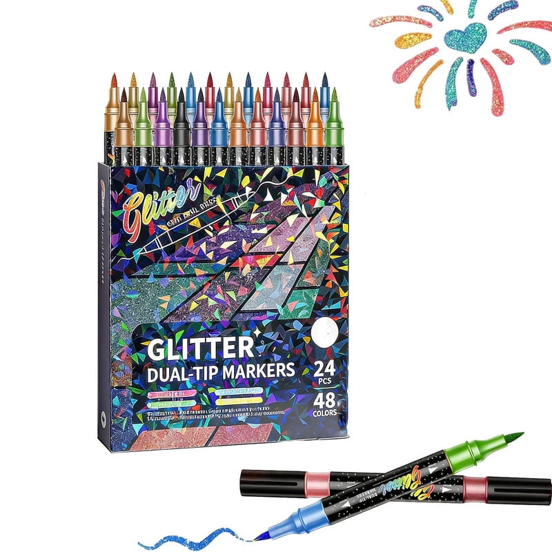 2026 New 24/48/72/96 Colors Glitter Effect Brush Markers, Dual Tip Metallic Shimmer Pens Set, Soft Brush & Fine Tip, Smooth Ink Flow for Coloring, Journaling & Cards