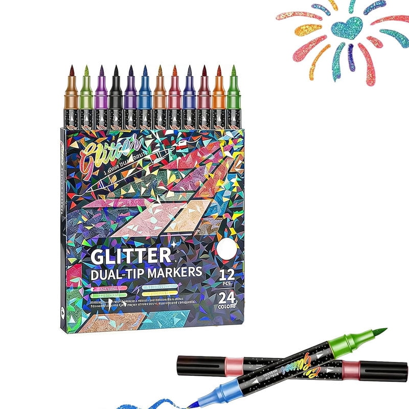 2026 New 24/48/72/96 Colors Glitter Effect Brush Markers, Dual Tip Metallic Shimmer Pens Set, Soft Brush & Fine Tip, Smooth Ink Flow for Coloring, Journaling & Cards
