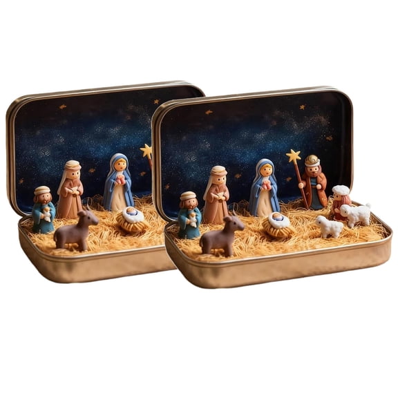 2026 New 2PCS Mini Christmas & Easter Nativity Set in a Tin Box - Mini Easter Jesus Classic Scenes - Small Pocket Nativity Sets & Figures, Easter Decoration Indoor for Home Gifts Decor