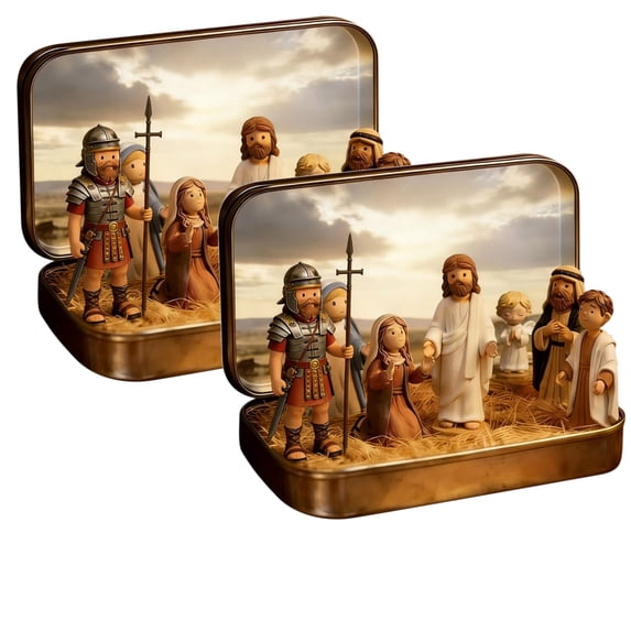 2026 New 2PCS Mini Christmas & Easter Nativity Set in a Tin Box - Mini Easter Jesus Classic Scenes - Small Pocket Nativity Sets & Figures, Easter Decoration Indoor for Home Gifts Decor