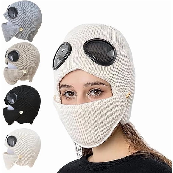 2026 New 3-in-1 Unisex Knitted Goggles Beanie, 3 in 1 Winter Warm Outdoor Sports Fashion Aviator Hat with Face Mask & Ear Cover(Beige)