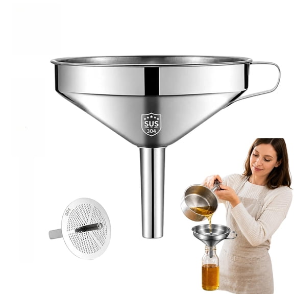 2026 New 304 Stainless Steel Funnel with Filter Mesh, Food-Grade 2-in-1 Metal Filter Funnel with Handle & Detachable Strainer for Filling Oil, Alcohol, Jam & Spices