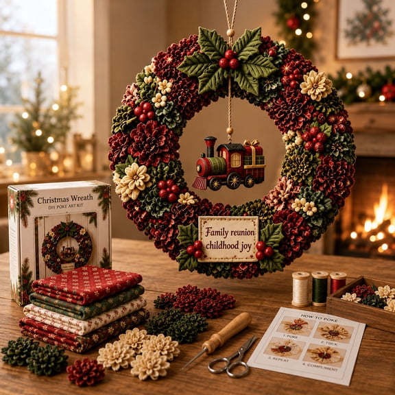 2026 New 3D Fabric Poke Christmas Wreath DIY Kit, Christmas Wreath DIY Kit for Adult Beginner, 3D Fabric Wreath Poke Art for Adults, Holiday Wreath Making Kit, Christmas Door Decorations