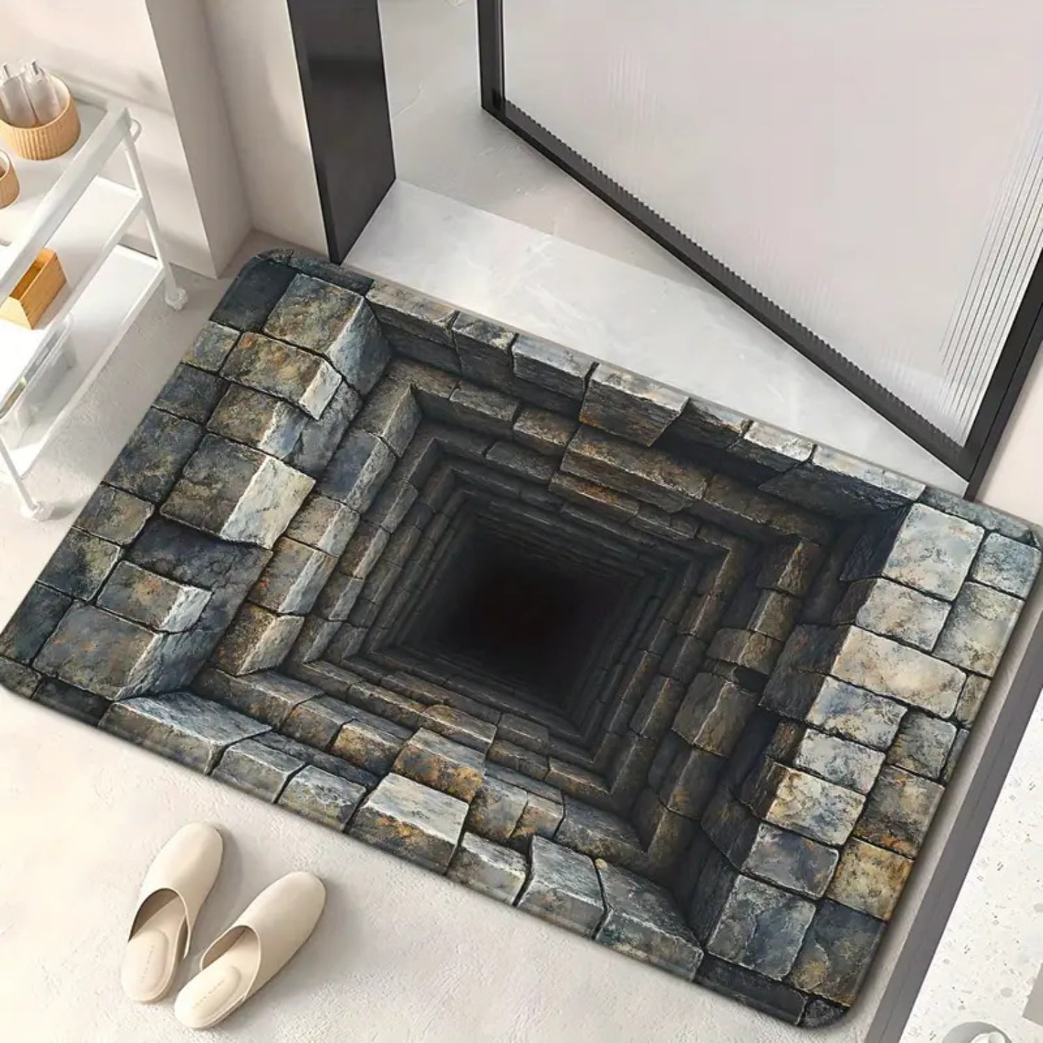 3D Hole Rug, Rug That Looks Like a Hole, Trap Optical Illusion Bottomless Non-Slip Doormat, Test & Game with Your Cat Or Dog, for Door Entrance, Bathroom, Living Room