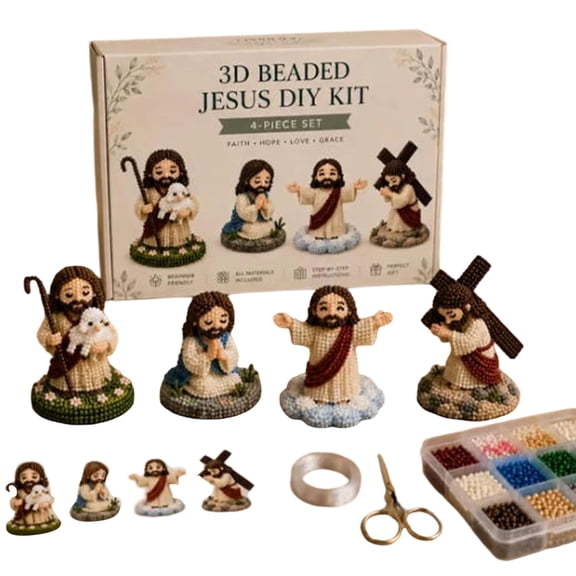 2026 New 3D Jesus Beading Craft Kit, 4-Piece Set DIY Handmade Religious Beadwork with All Tools, Beginner Friendly Beading Supplies for Home Devotional Prayer Decor, 3.15inch Finished Figures