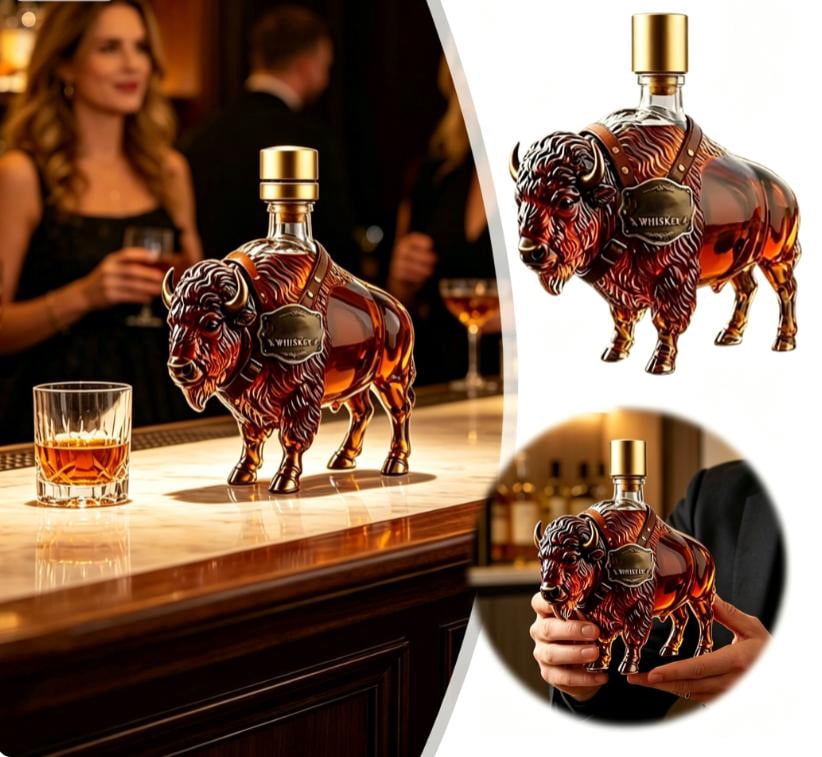 2026 New 3D Rustic Bison Glass Decanter, 10.1oz Liquor Bottle with Leak Proof Cap & Gift Box, Great for Bourbon Home Bar Parties