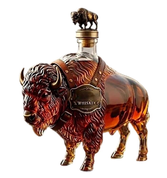 2026 New 3D Vintage Bison Design Glass Decanter, 11.16oz Reusable Liquor Storage Bottle with Gift Box, Artistic Ornament for Housewarming & Holiday Gifting