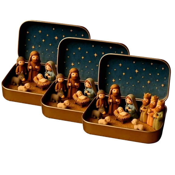 2026 New 3PCS Mini Christmas & Easter Nativity Set in a Tin Box - Mini Easter Jesus Classic Scenes - Small Pocket Nativity Sets & Figures, Easter Decoration Indoor for Home Gifts Decor