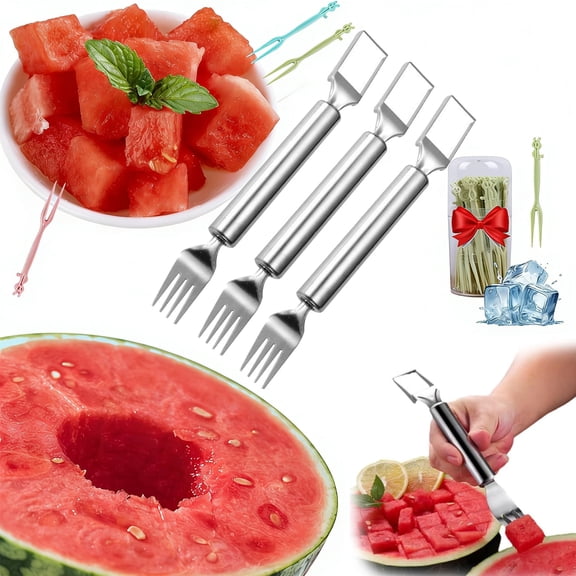 2026 New 3PCS Watermelon Cutter, 2-In-1 Summer Stainless Steel Fruit Cutter, Summer Watermelon Fork Slicer Cutting Tool for Home Party Camping Kitchen Gadget
