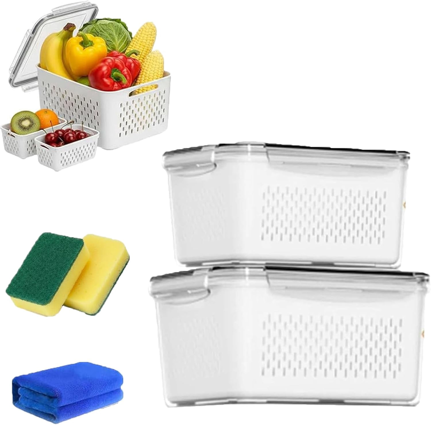 2026 New 4 in 1 Food Storage Container, Fruit Storage Containers for Fridge, Including Drain Basket, Produce Storage Containers with Lid and Strainer (M+L)