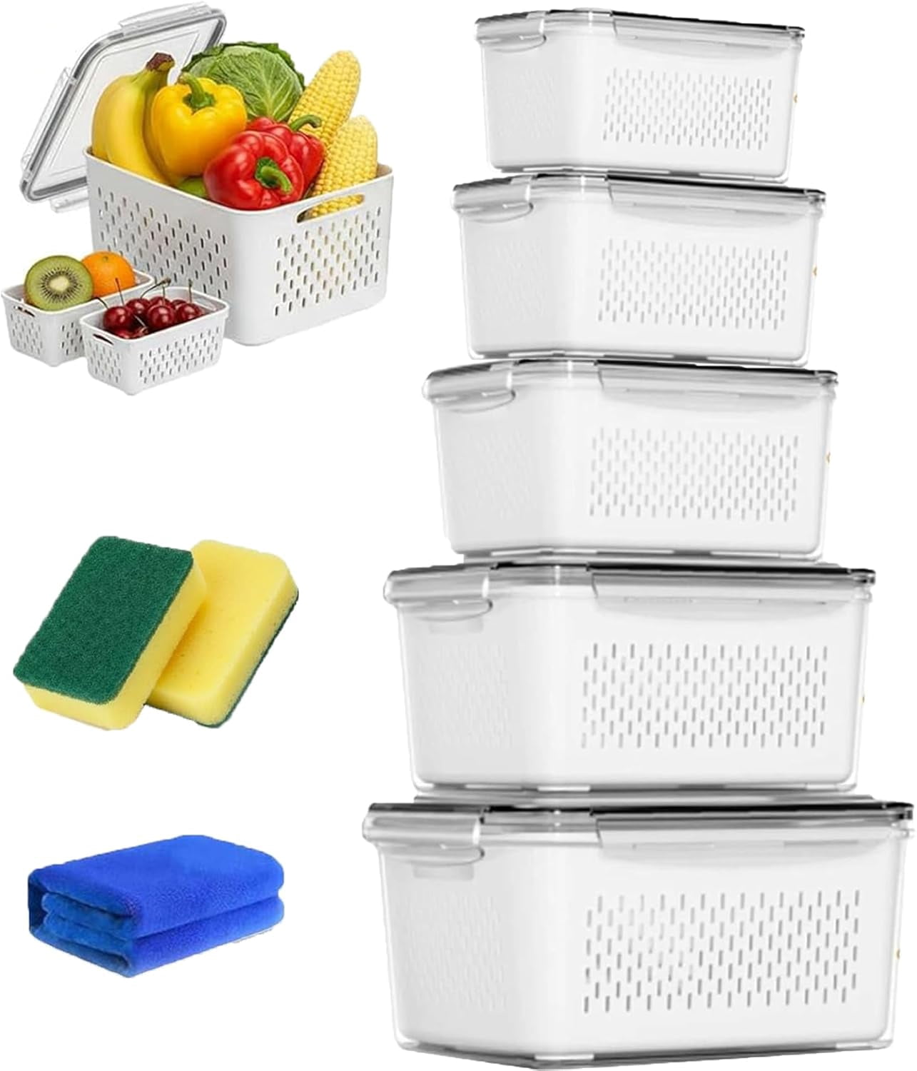2026 New 4 in 1 Food Storage Container, Fruit Storage Containers for Fridge, Including Drain Basket, Produce Storage Containers with Lid and Strainer (S+M+L+XL+XXL)