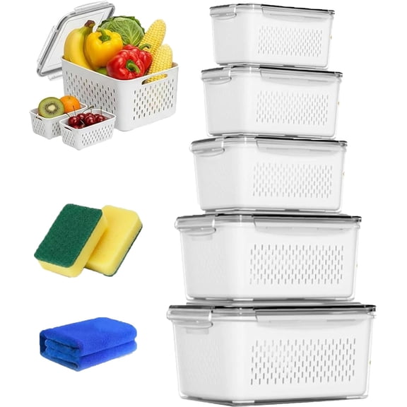 2026 New 4 in 1 Food Storage Container, Fruit Storage Containers for Fridge, Including Drain Basket, Produce Storage Containers with Lid and Strainer (S+M+L+XL+XXL)