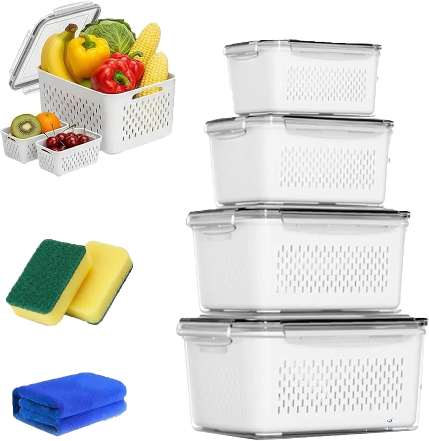 2026 New 4 in 1 Food Storage Container, Fruit Storage Containers for Fridge, Including Drain Basket, Produce Storage Containers with Lid and Strainer (S+M+L+XL)