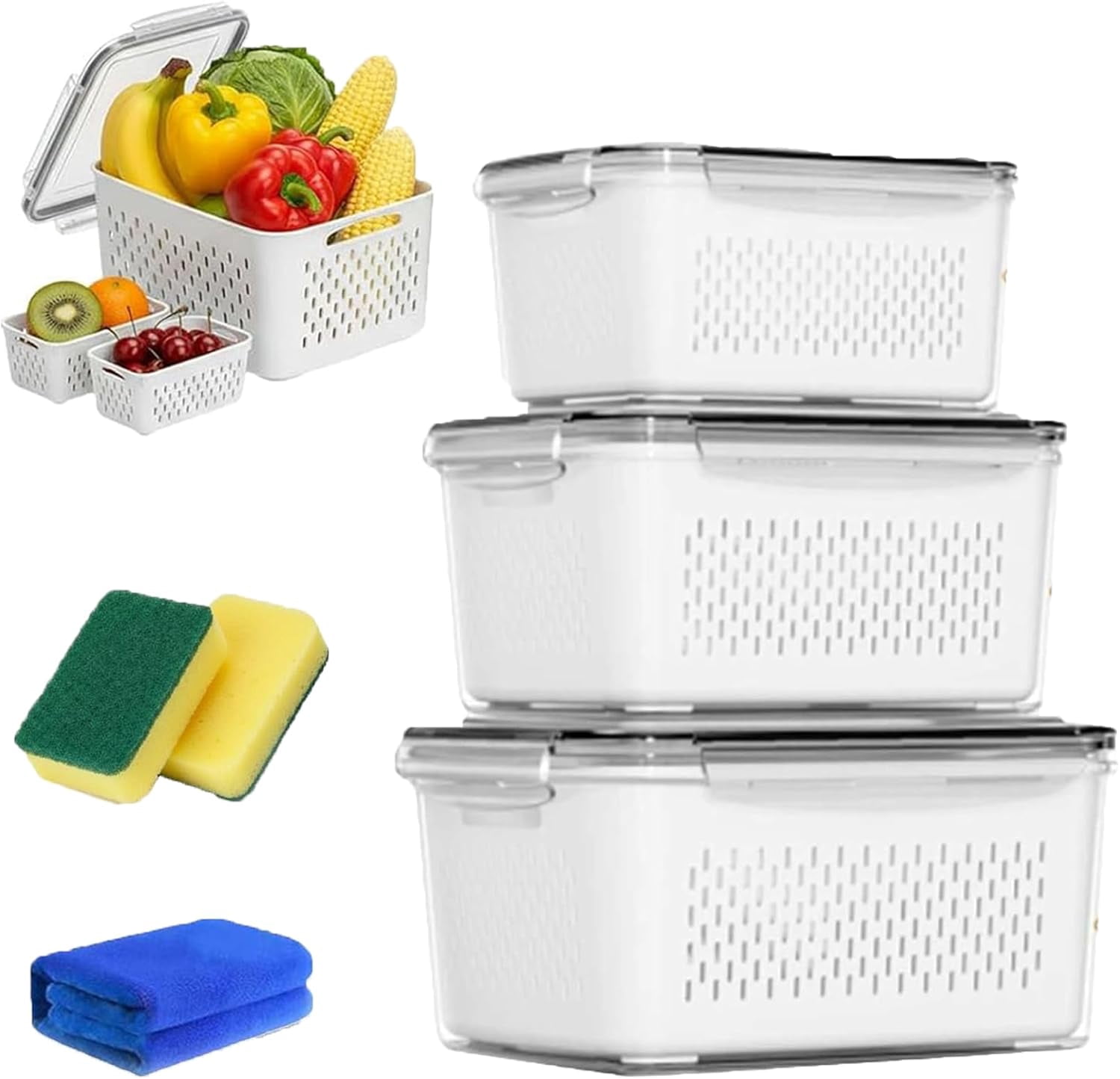 2026 New 4 in 1 Food Storage Container, Fruit Storage Containers for Fridge, Including Drain Basket, Produce Storage Containers with Lid and Strainer (S+M+L)