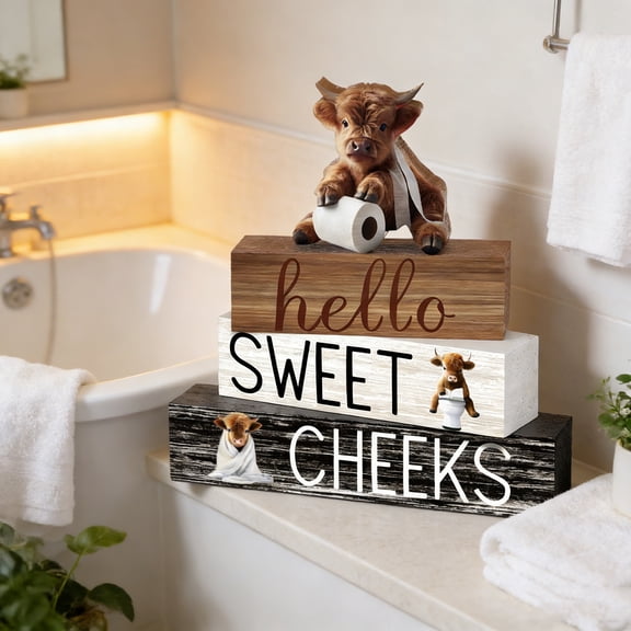 2026 New 4 Pcs Highland Cow Farmhouse Bathroom Decor Western Bathroom Decor Country Decor Highland Cow Table Centerpiece Hello Sweet Cheeks for Home Office