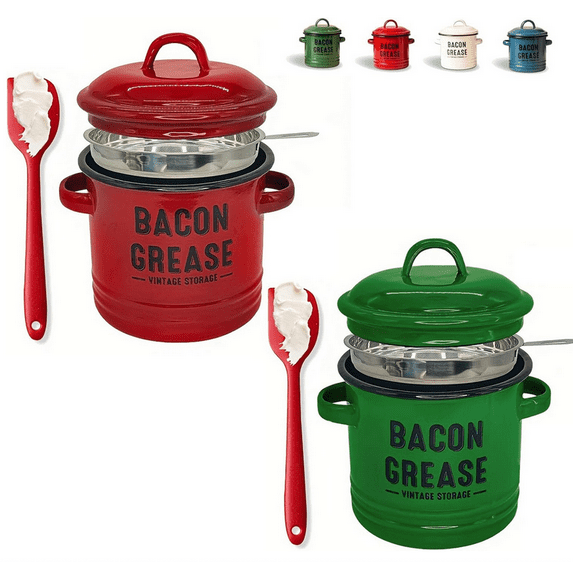 2026 New 46oz Bacon Grease Container – Enamel Farmhouse Jar with Strainer & Food-Grade Spatula, Large Capacity Grease Saver for Kitchen Storage Green+Red