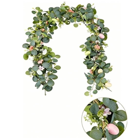2026 New 5.6FT Spring Garland Easter Eucalyptus with Flowers & Decorative Eggs, Realistic Green Vine for Home Kitchen Fireplace Decor
